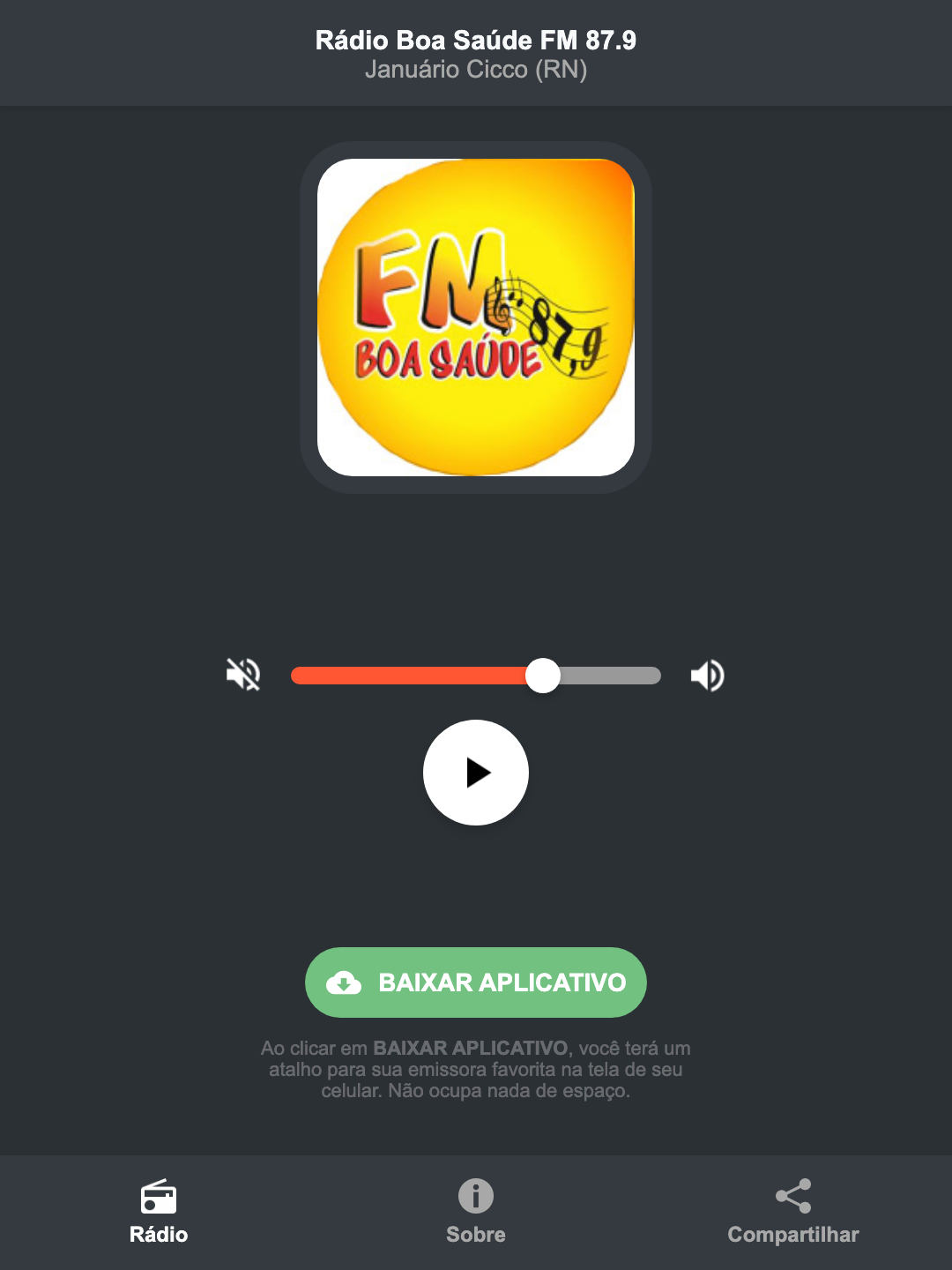 Screenshot do aplicativo da Rádio Boa Saúde FM 87.9