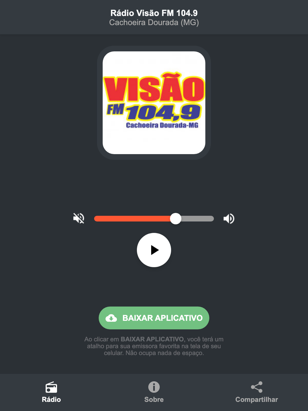 Screenshot do aplicativo da Rádio Visão FM 104.9