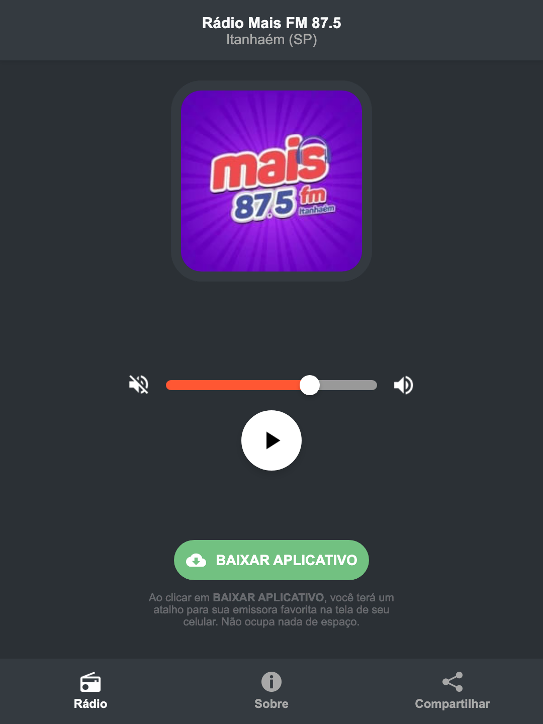 Screenshot do aplicativo da Rádio Mais FM 87.5