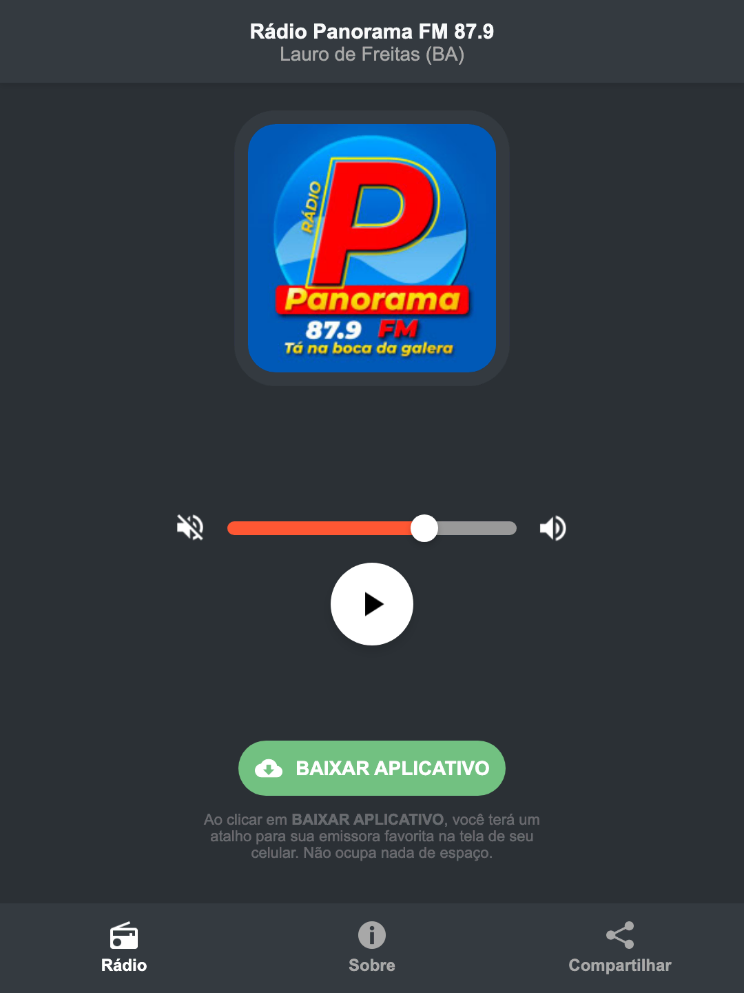 Screenshot do aplicativo da Rádio Panorama FM 87.9