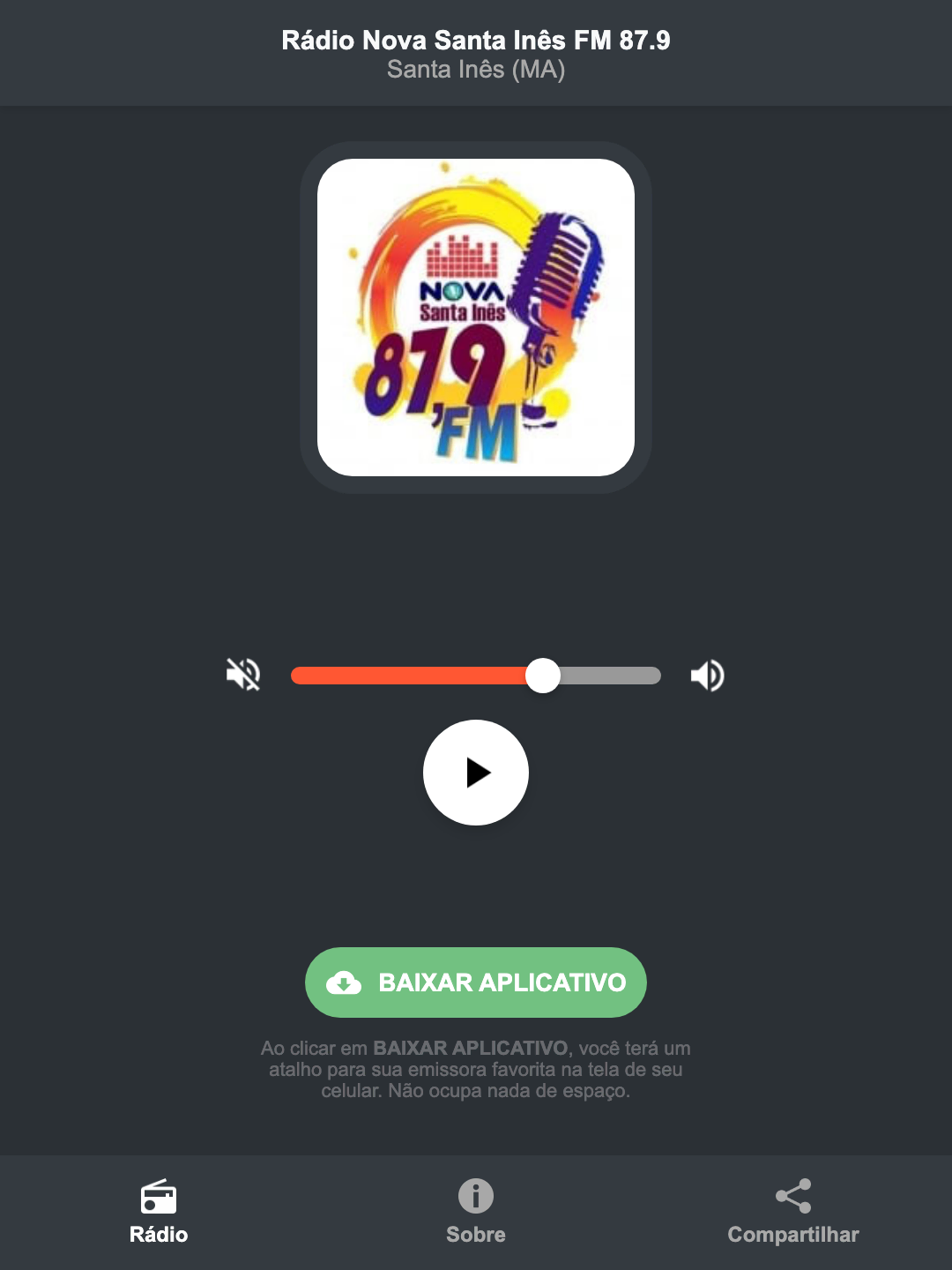 Screenshot do aplicativo da Rádio Nova Santa Inês FM 87.9