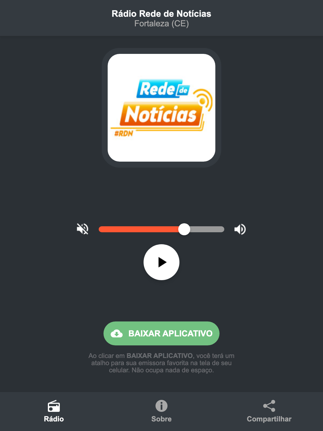 Screenshot do aplicativo da Rádio Rede de Notícias