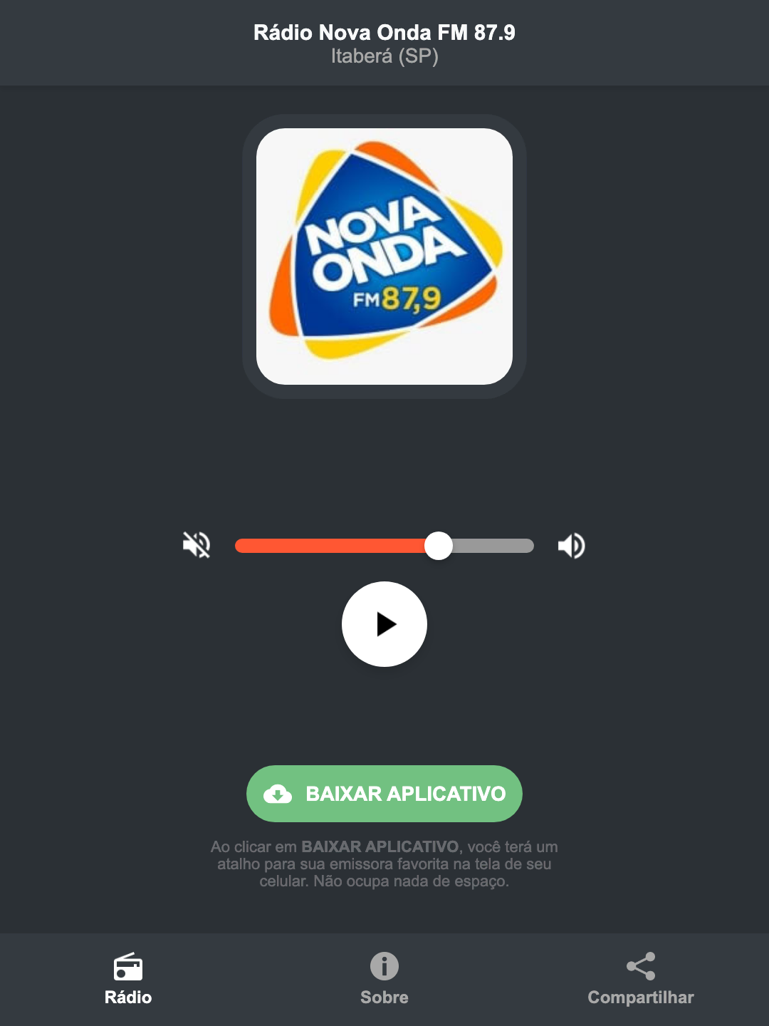 Screenshot do aplicativo da Rádio Nova Onda FM 87.9