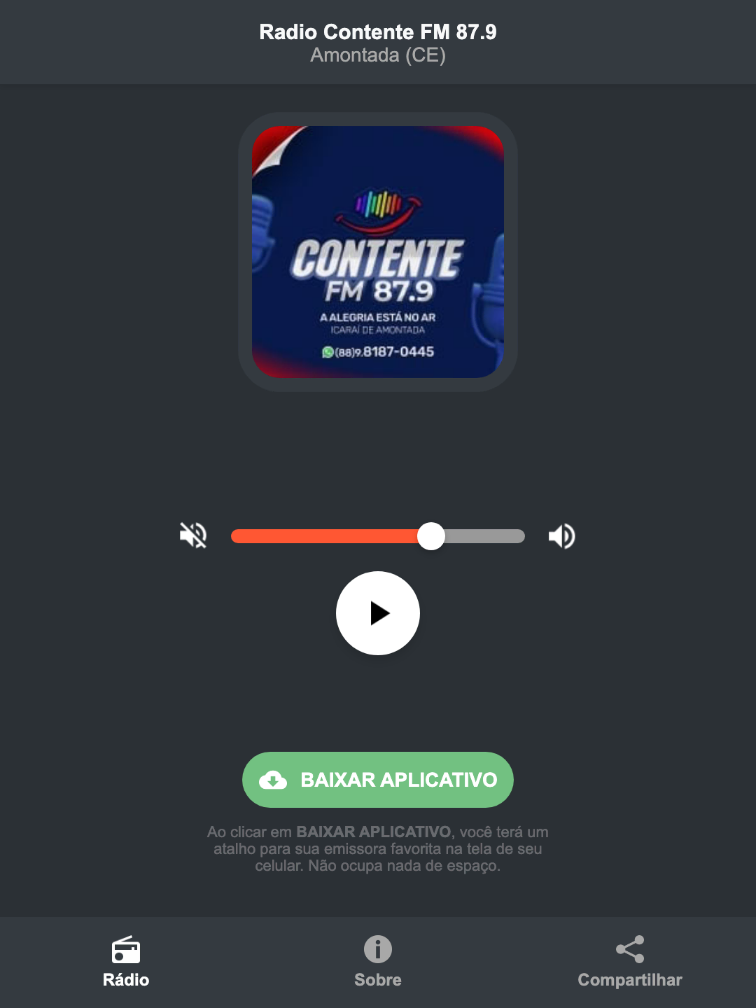 Screenshot do aplicativo da Radio Contente FM 87.9