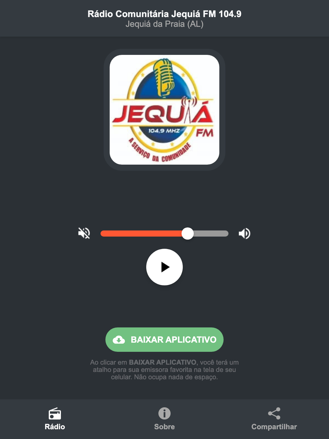 Screenshot do aplicativo da Rádio Comunitária Jequiá FM 104.9
