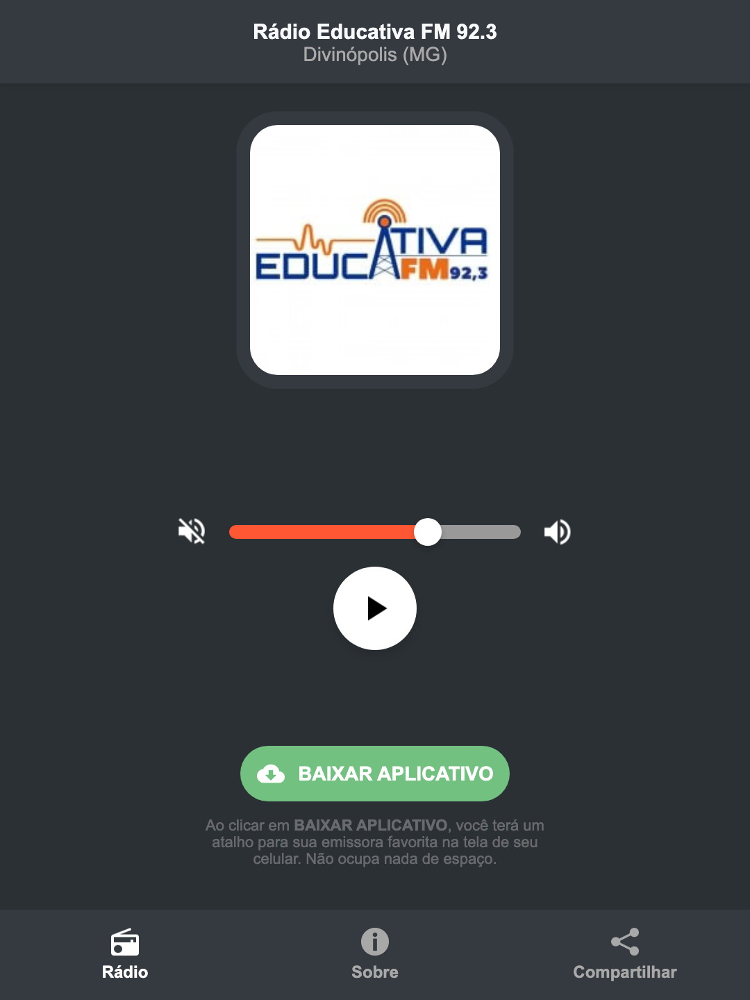 Screenshot do aplicativo da Rádio Educativa FM 92.3