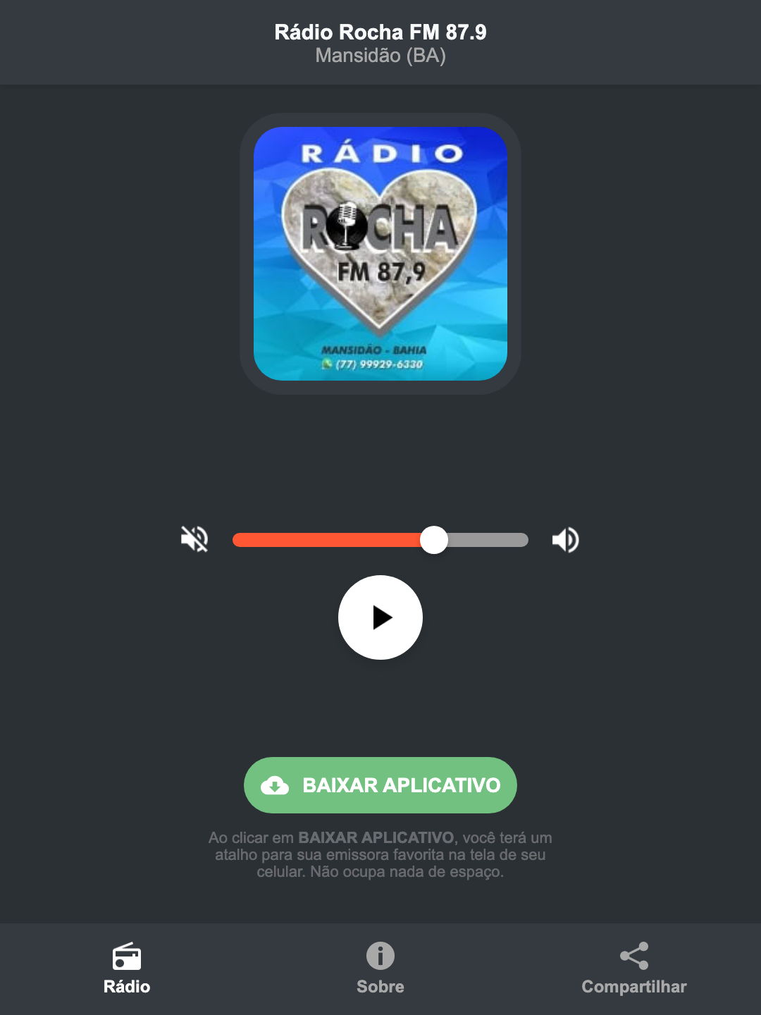 Screenshot do aplicativo da Rádio Rocha FM 87.9