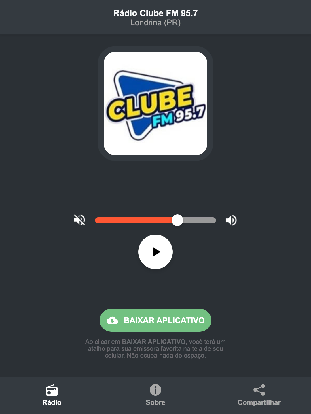 Screenshot do aplicativo da Rádio Clube FM 95.7