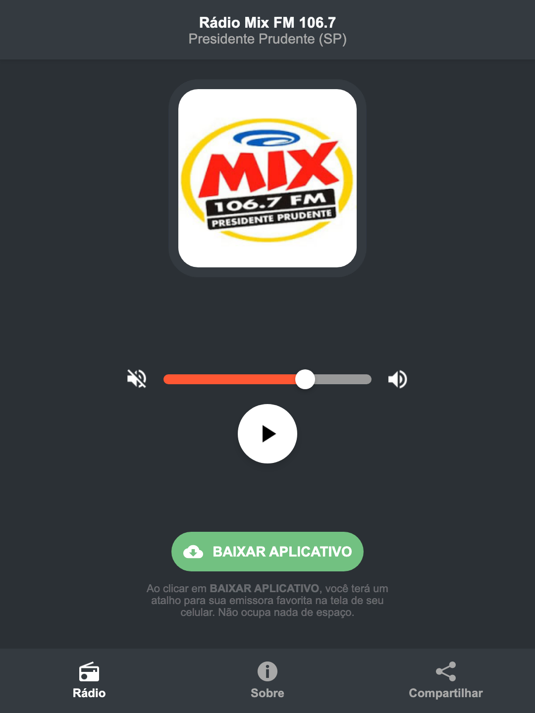 Screenshot do aplicativo da Rádio Mix FM 106.7