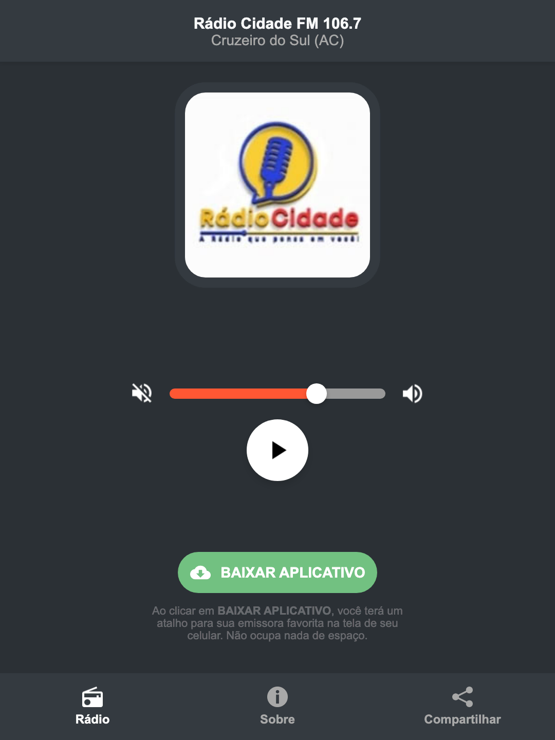 Screenshot do aplicativo da Rádio Cidade FM 106.7