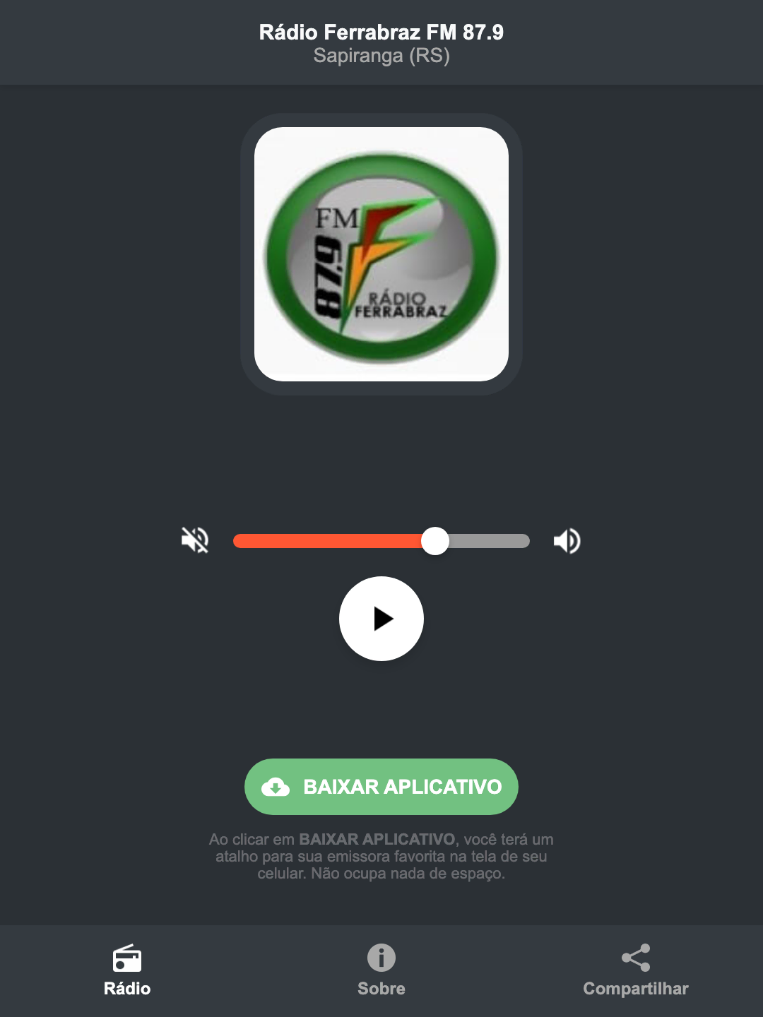 Screenshot do aplicativo da Rádio Ferrabraz FM 87.9