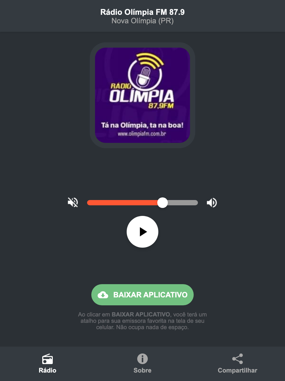 Screenshot do aplicativo da Rádio Olímpia FM 87.9