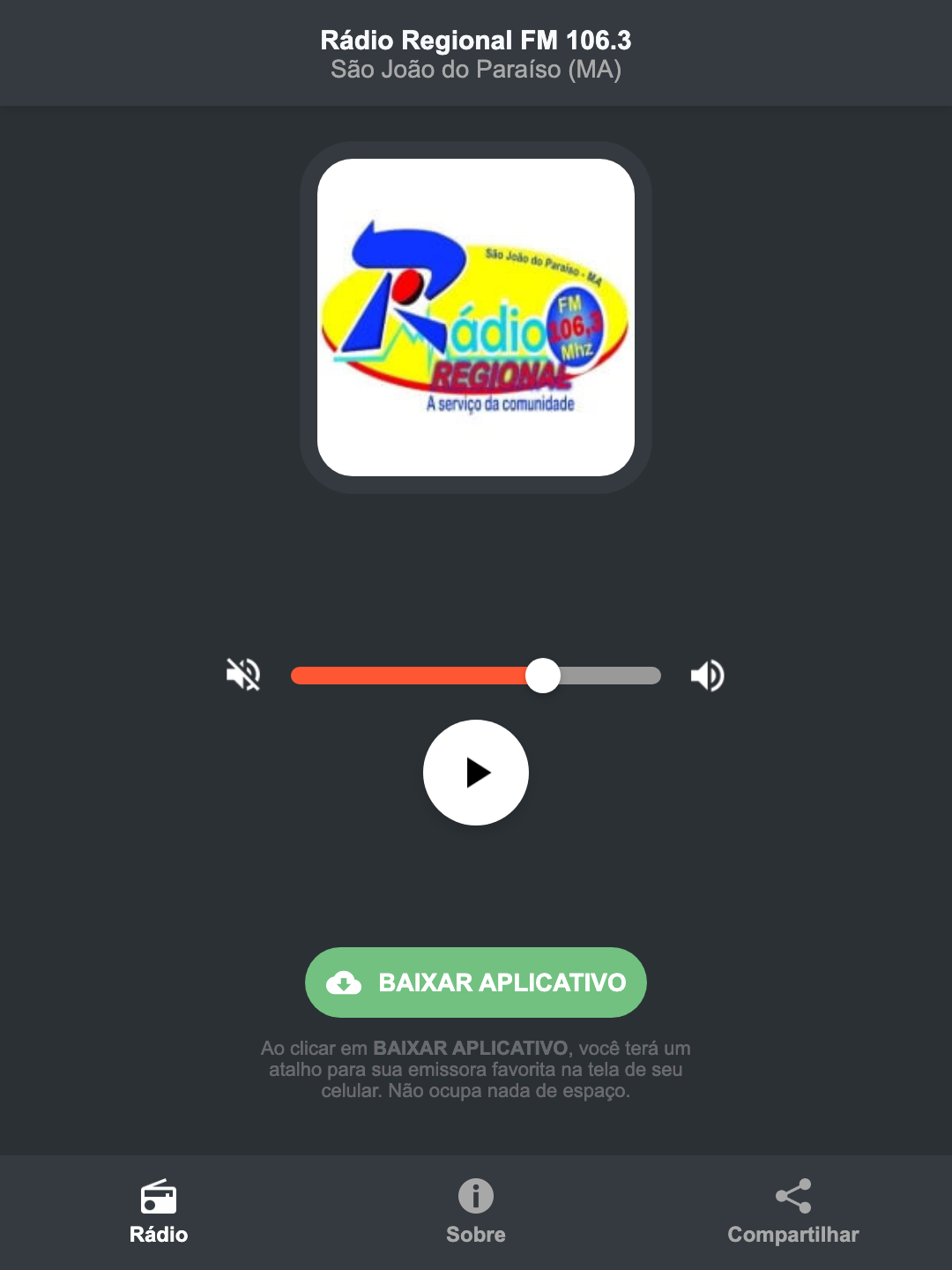 Screenshot do aplicativo da Rádio Regional FM 106.3