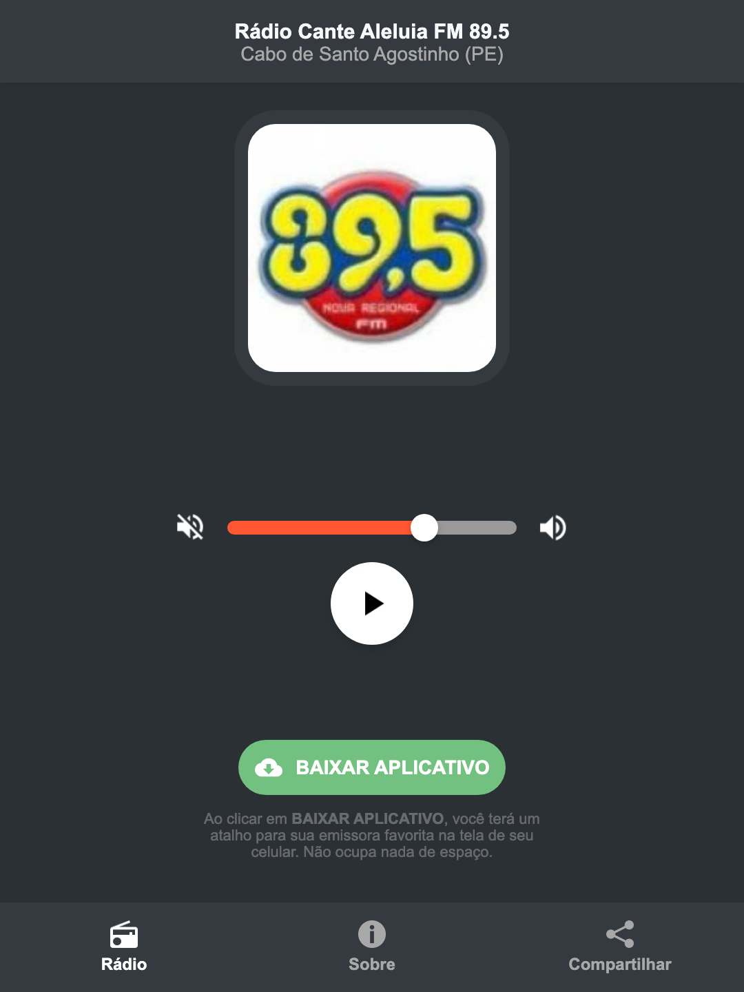 Screenshot do aplicativo da Rádio Cante Aleluia FM 89.5