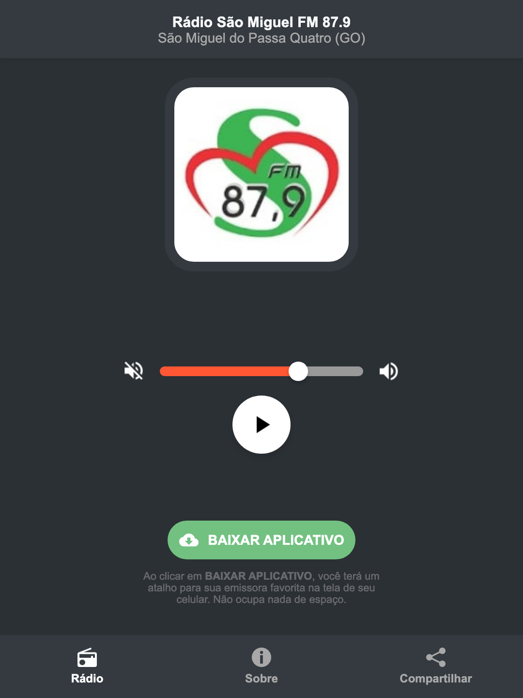 Screenshot do aplicativo da Rádio São Miguel FM 87.9
