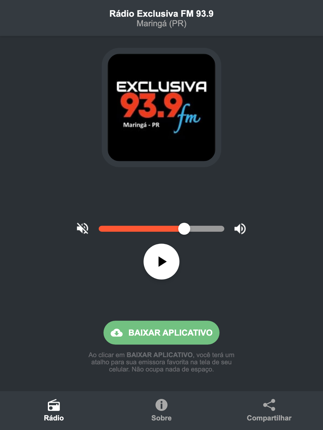 Screenshot do aplicativo da Rádio Exclusiva FM 93.9