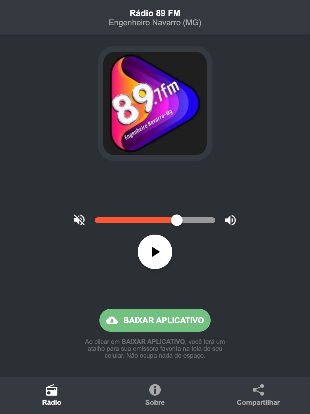 Screenshot do aplicativo da Rádio 89 FM