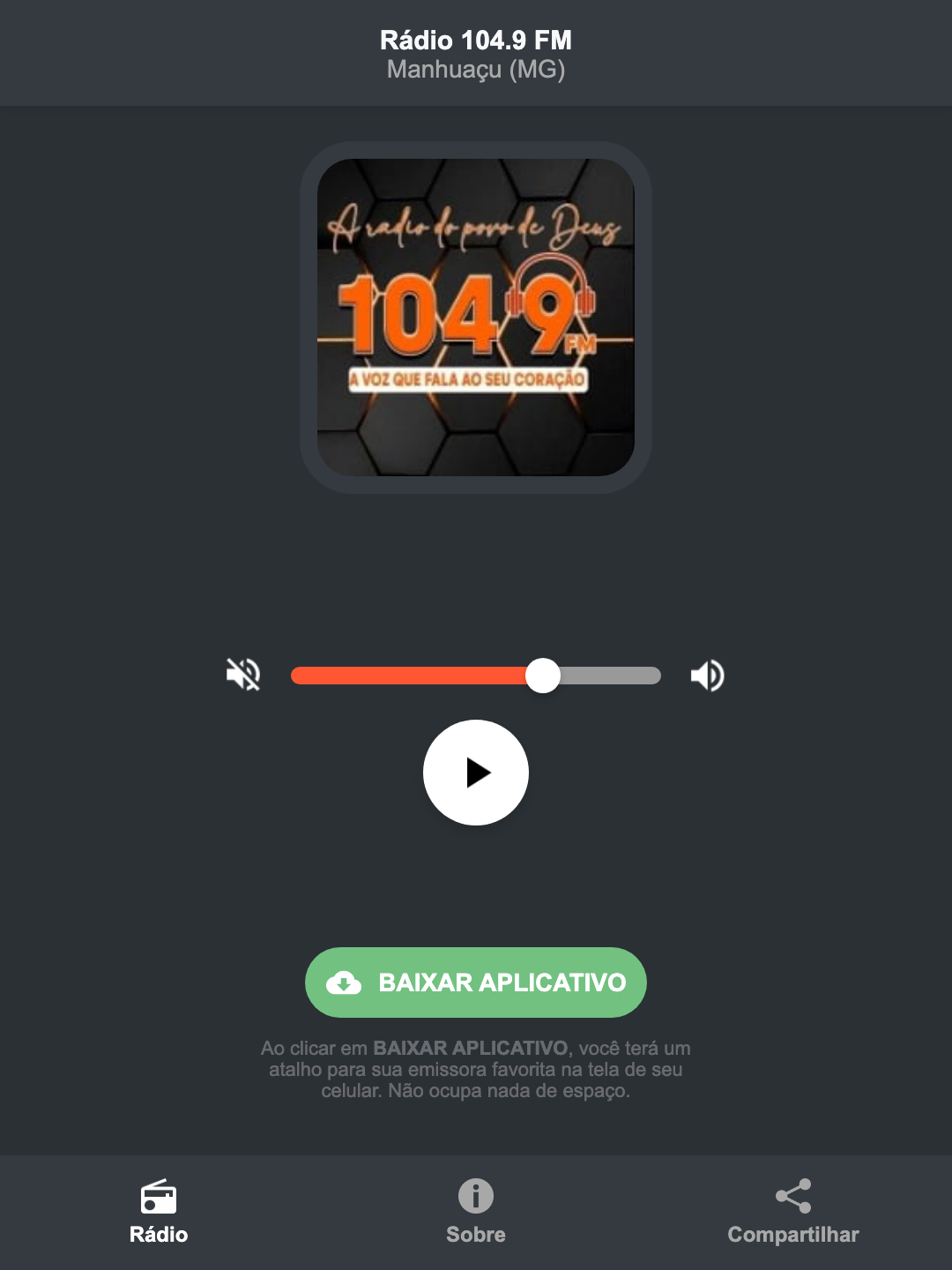 Screenshot do aplicativo da Rádio 104.9 FM