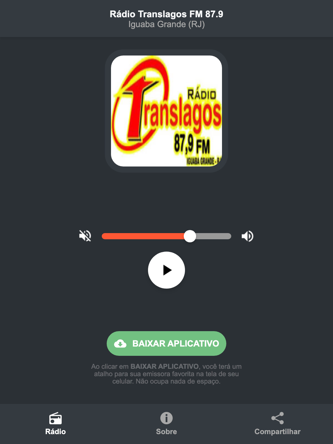 Screenshot do aplicativo da Rádio Translagos FM 87.9