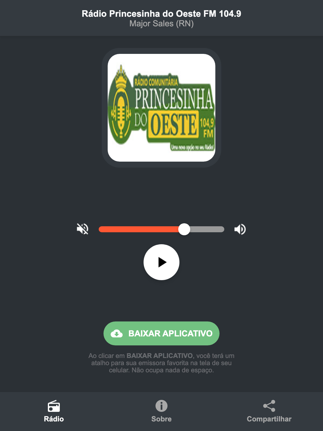 Screenshot do aplicativo da Rádio Princesinha do Oeste FM 104.9