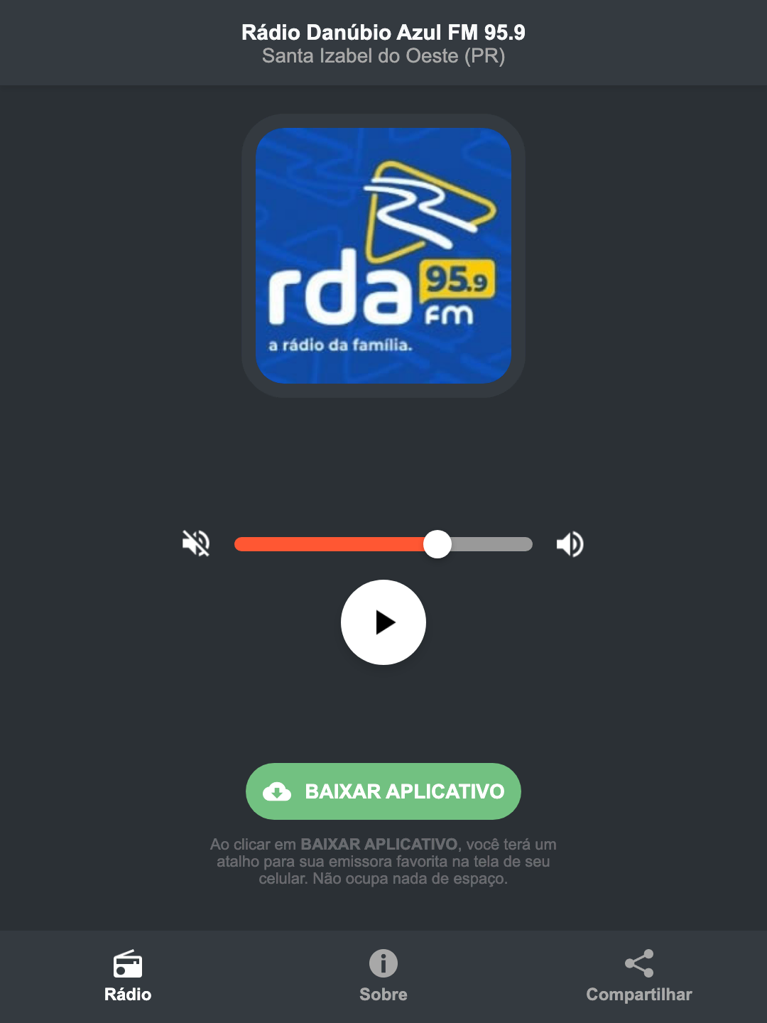 Screenshot do aplicativo da Rádio Danúbio Azul FM 95.9