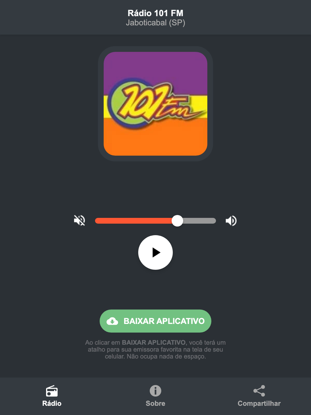 Screenshot do aplicativo da Rádio 101 FM