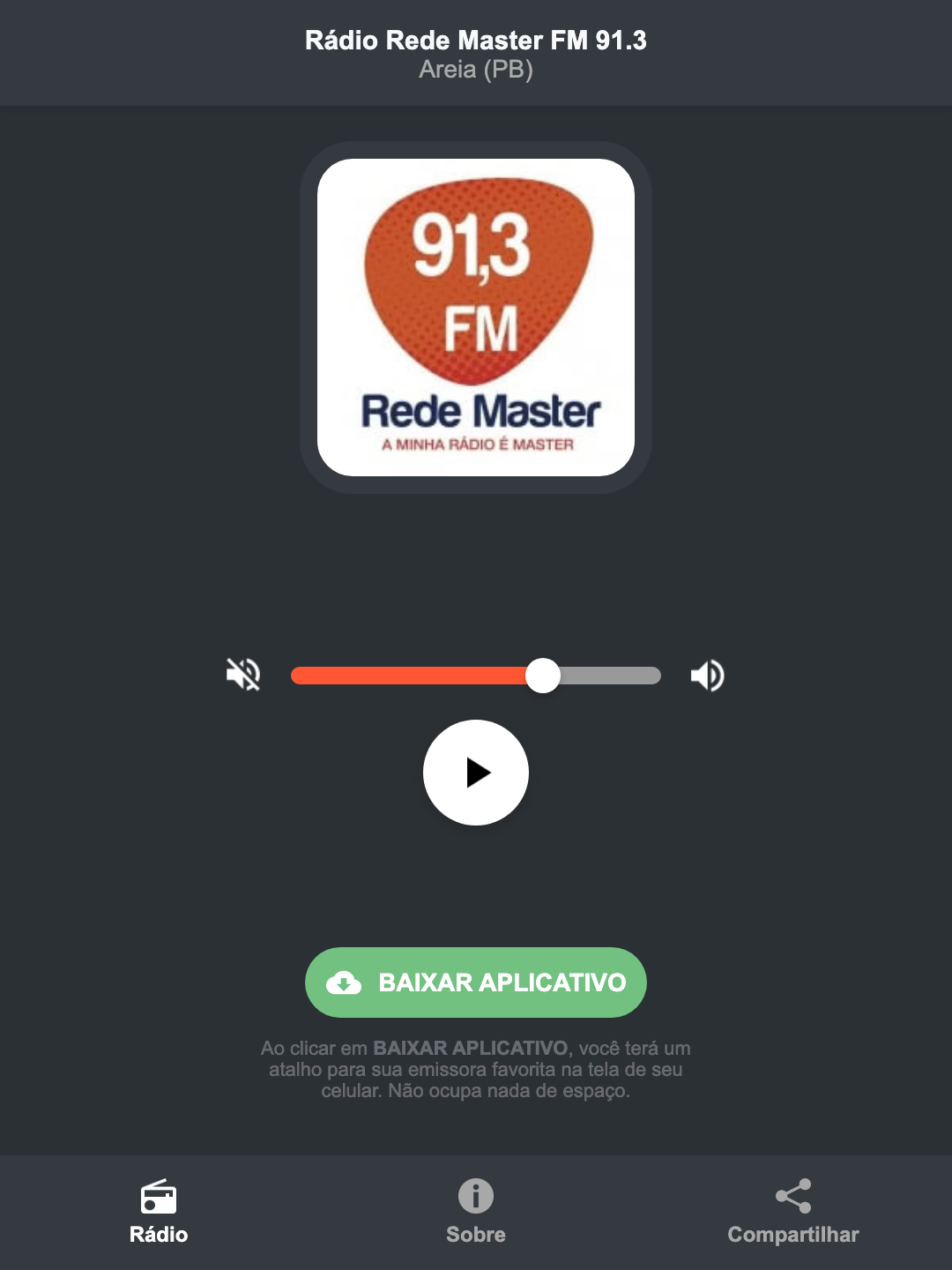 Screenshot do aplicativo da Rádio Rede Master FM 91.3