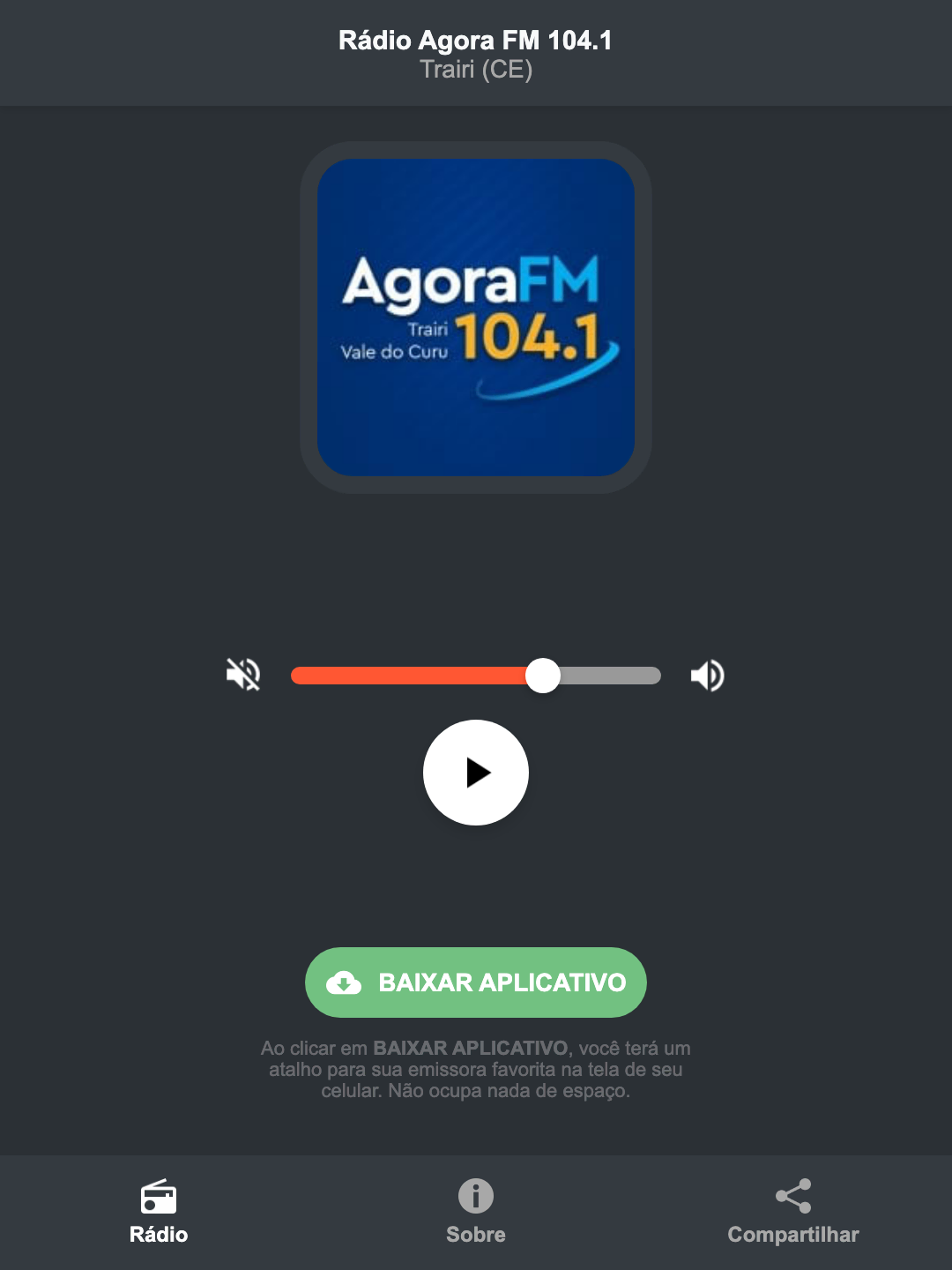 Screenshot do aplicativo da Rádio Agora FM 104.1