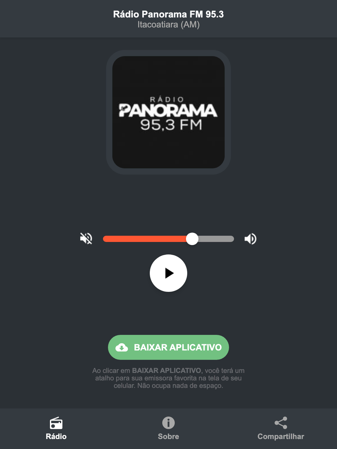 Screenshot do aplicativo da Rádio Panorama FM 95.3