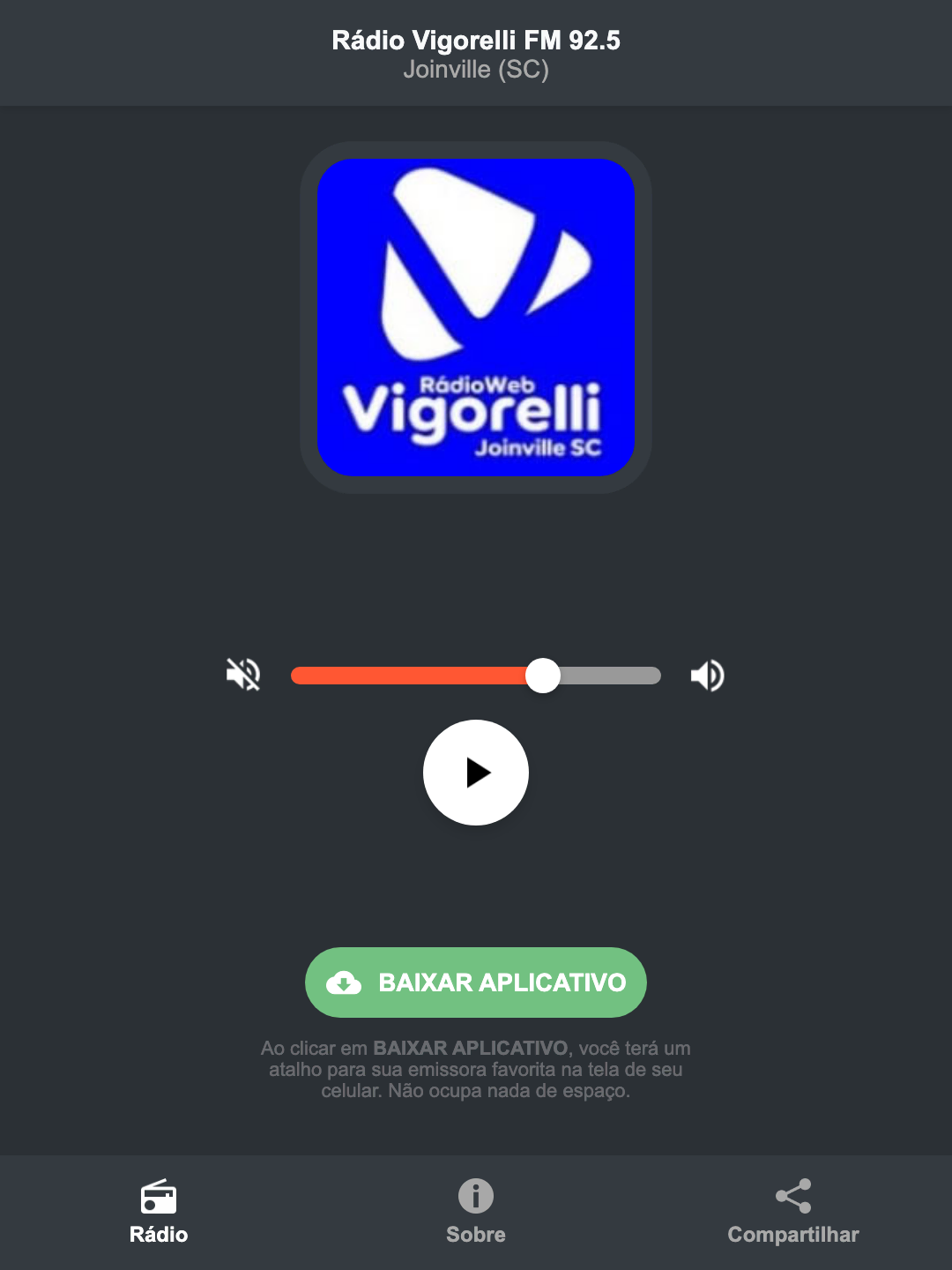 Screenshot do aplicativo da Rádio Vigorelli FM 92.5