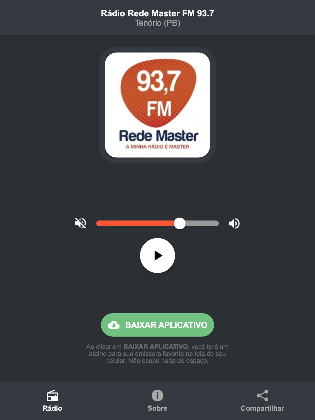 Screenshot do aplicativo da Rádio Rede Master FM 93.7