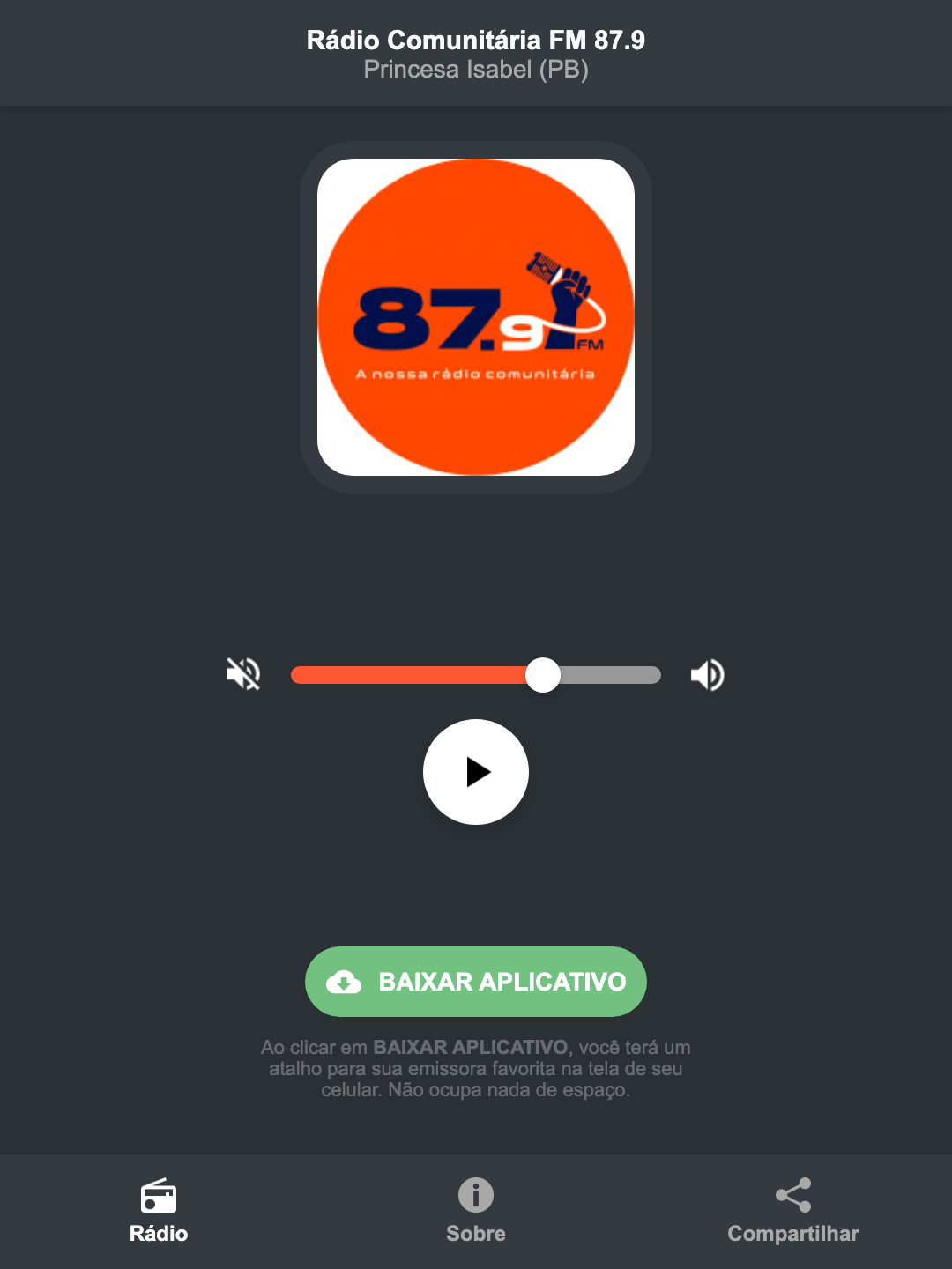 Screenshot do aplicativo da Rádio Comunitária FM 87.9