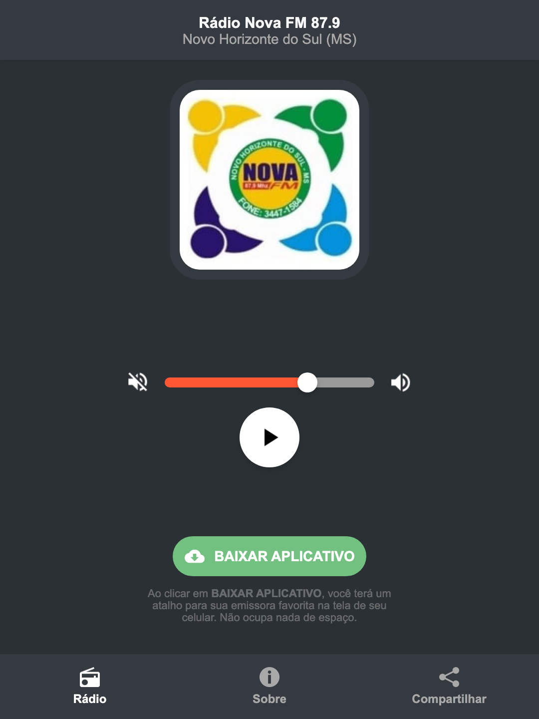 Screenshot do aplicativo da Rádio Nova FM 87.9