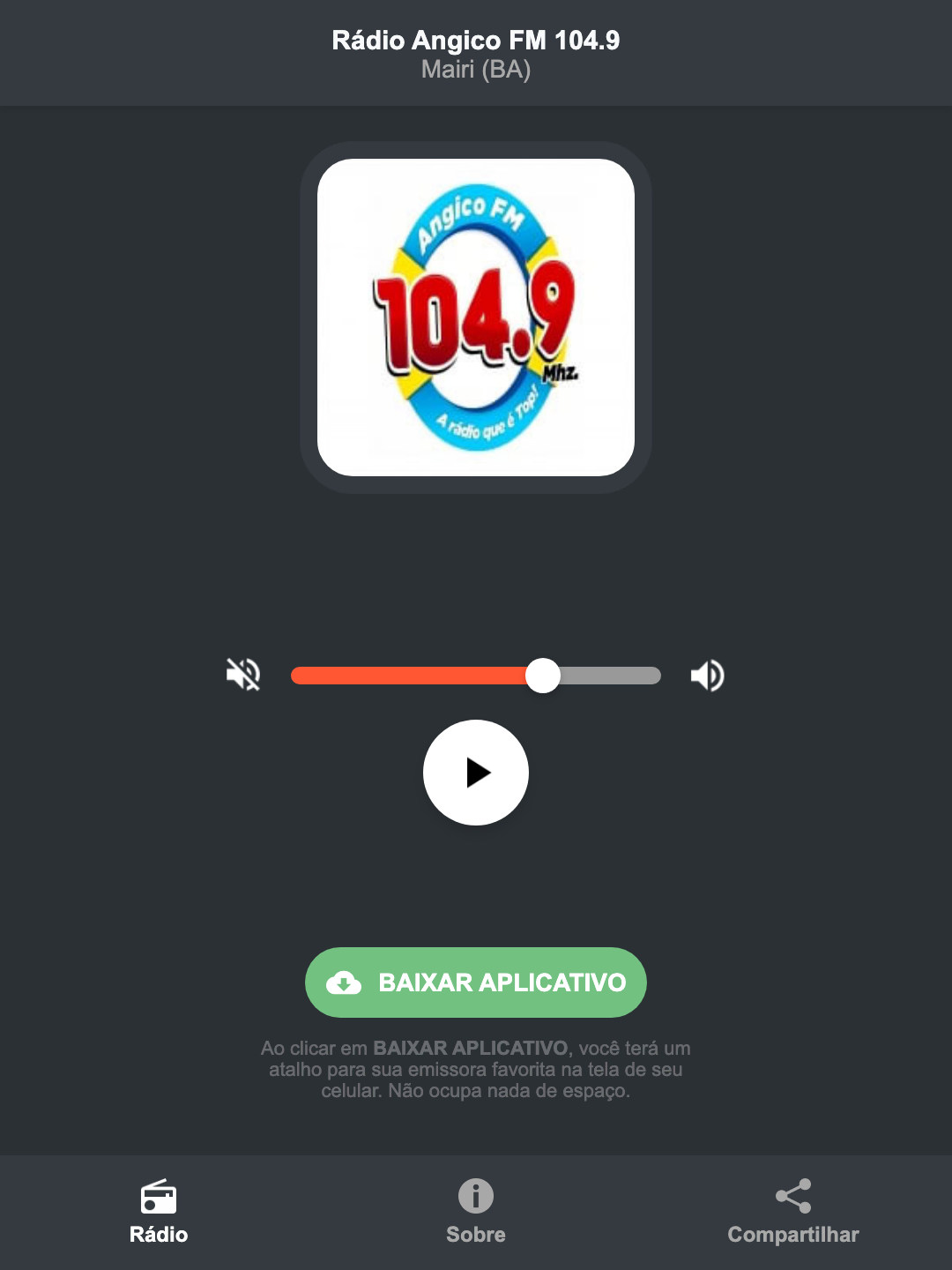 Screenshot do aplicativo da Rádio Angico FM 104.9