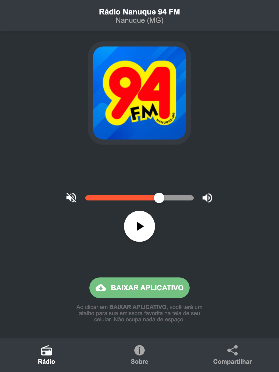 Screenshot do aplicativo da Rádio Nanuque 94 FM