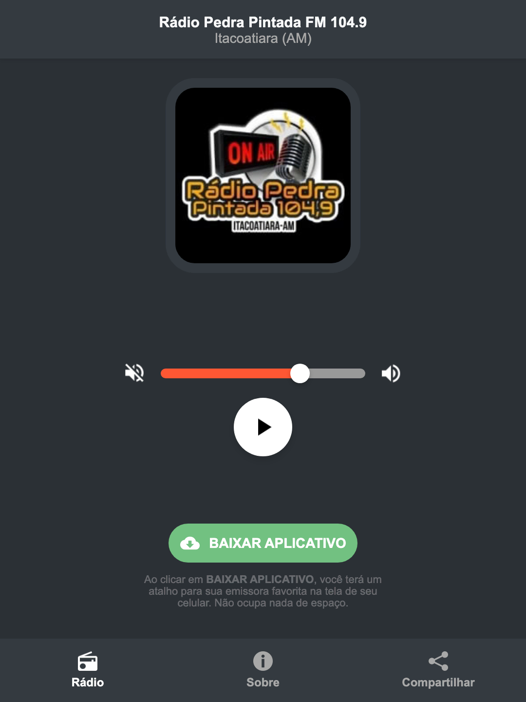 Screenshot do aplicativo da Rádio Pedra Pintada FM 104.9