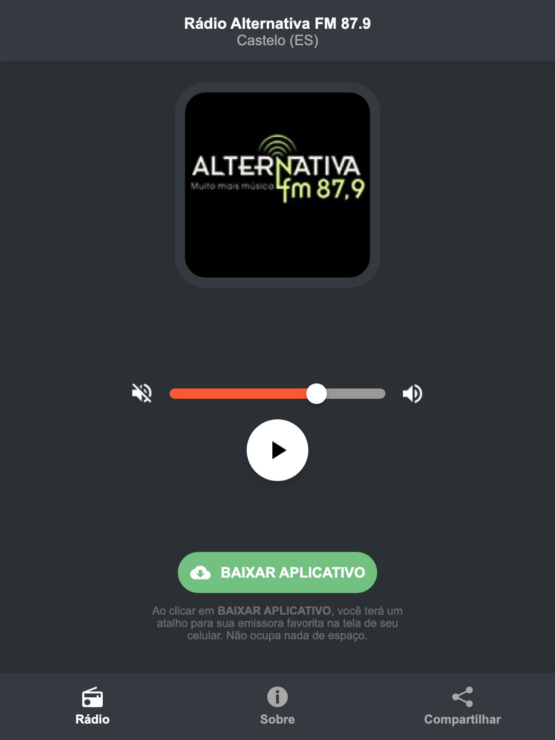 Screenshot do aplicativo da Rádio Alternativa FM 87.9