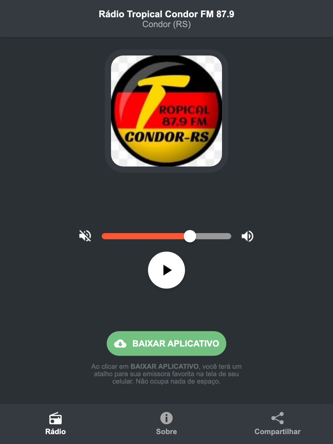 Screenshot do aplicativo da Rádio Tropical Condor FM 87.9