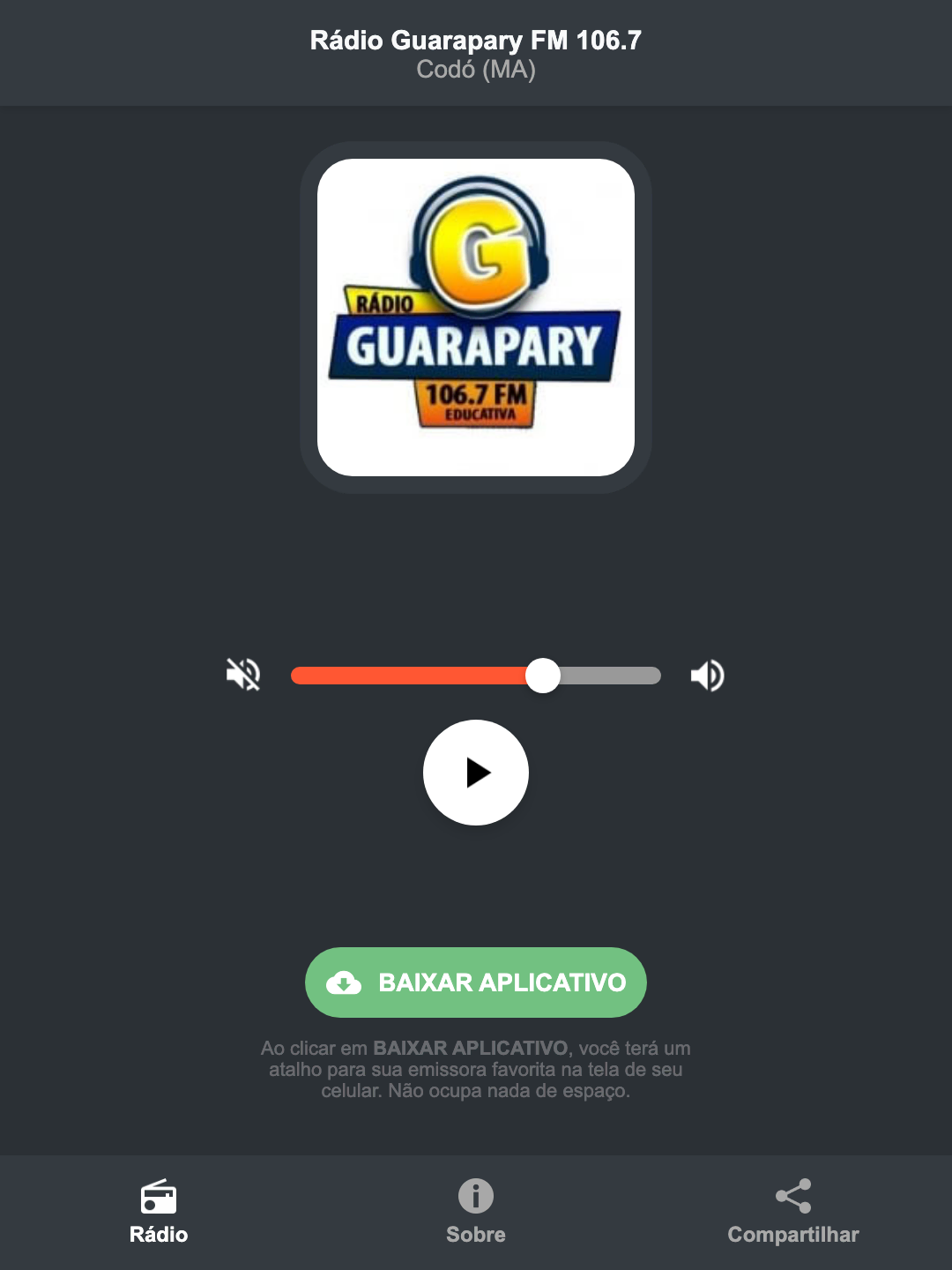Screenshot do aplicativo da Rádio Guarapary FM 106.7