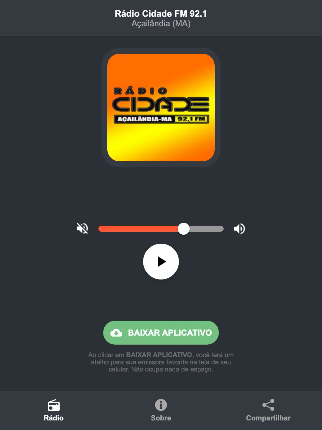 Screenshot do aplicativo da Rádio Cidade FM 92.1