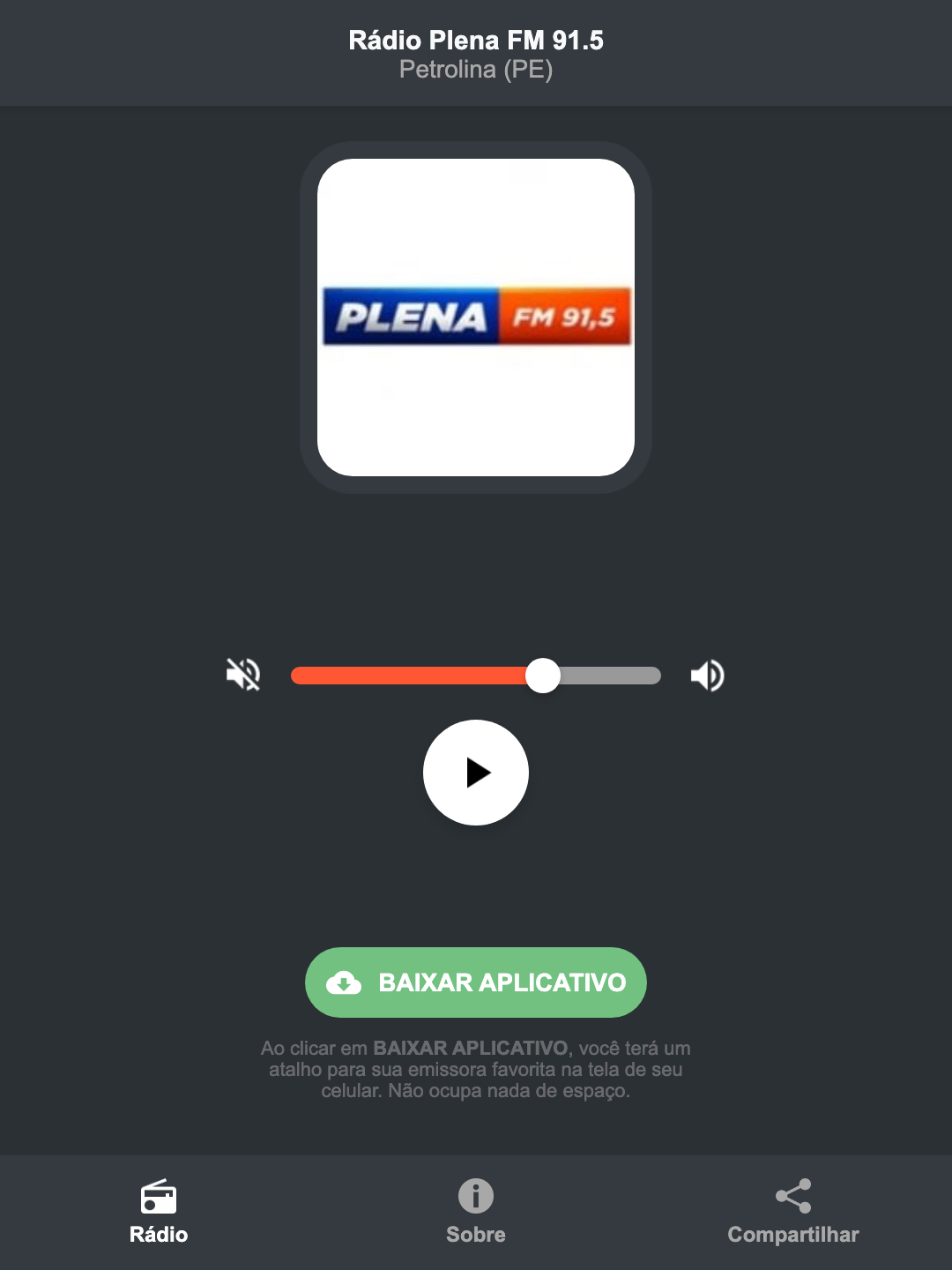 Screenshot do aplicativo da Rádio Plena FM 91.5
