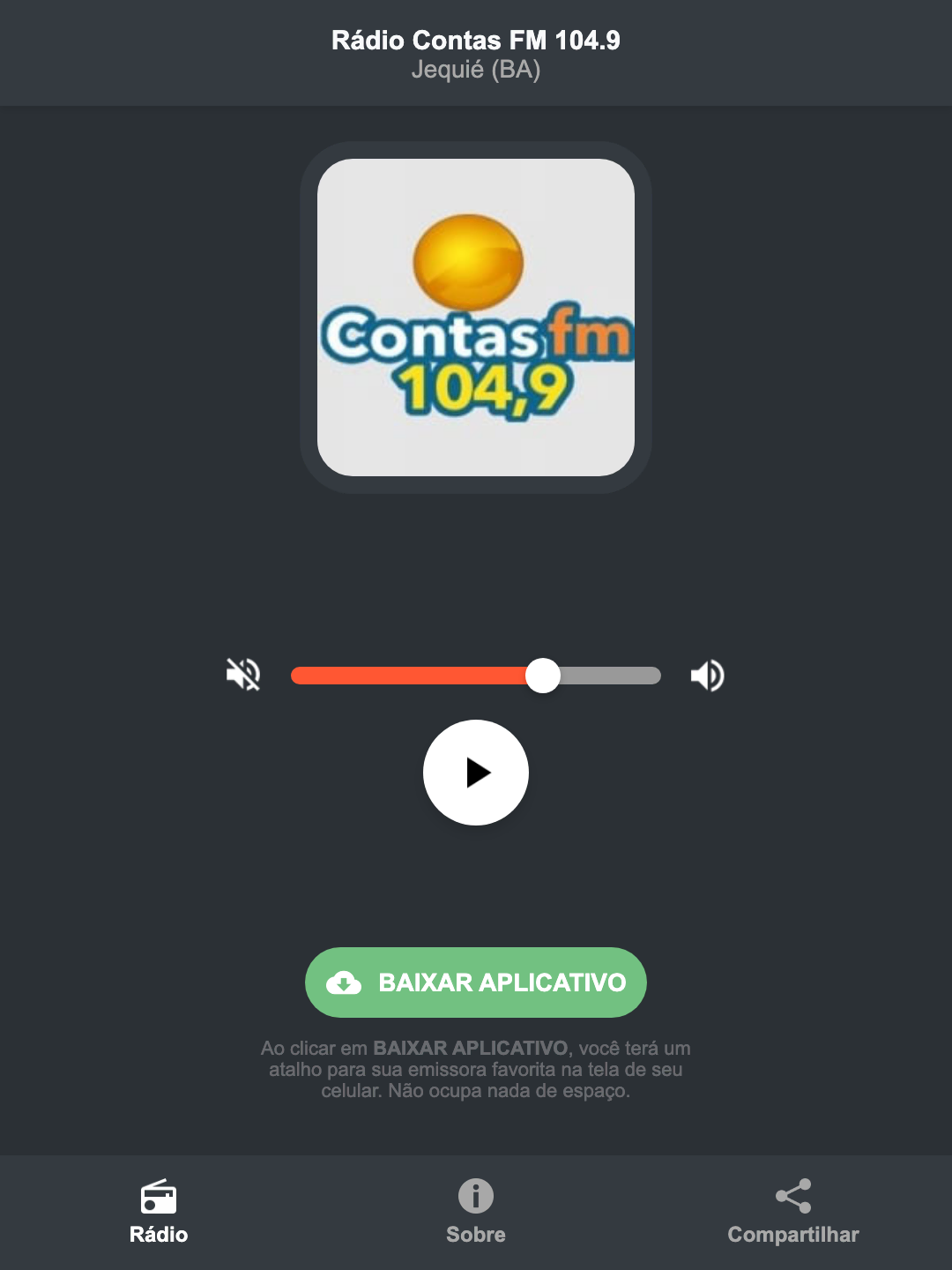 Screenshot do aplicativo da Rádio Contas FM 104.9