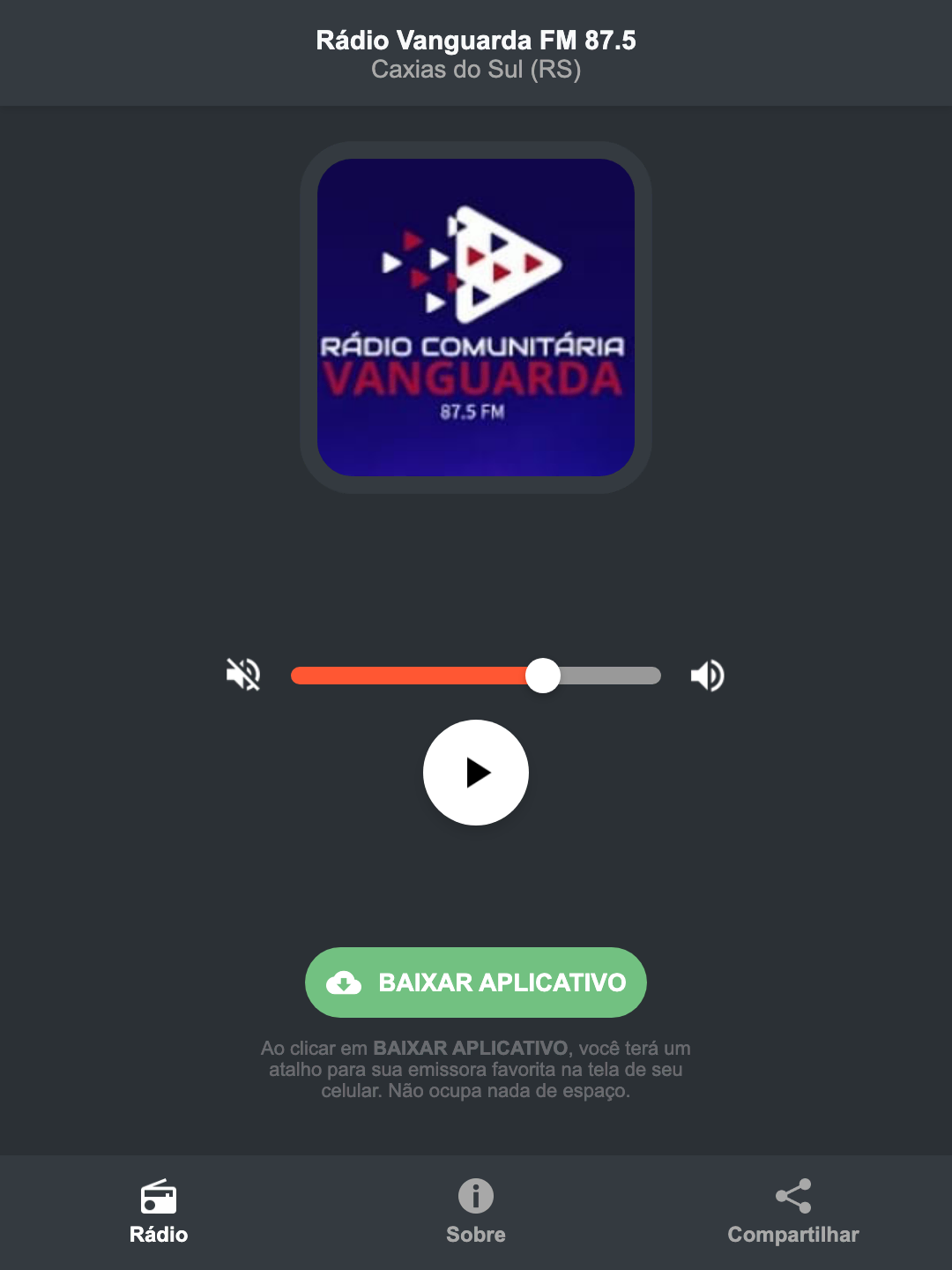 Screenshot do aplicativo da Rádio Vanguarda FM 87.5