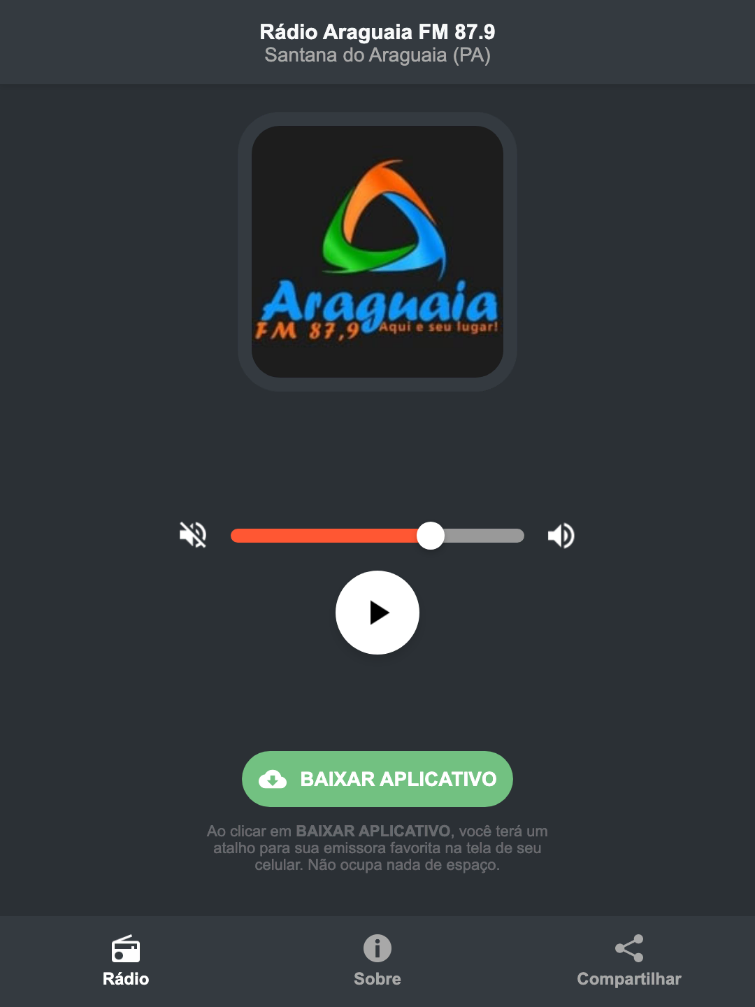 Screenshot do aplicativo da Rádio Araguaia FM 87.9