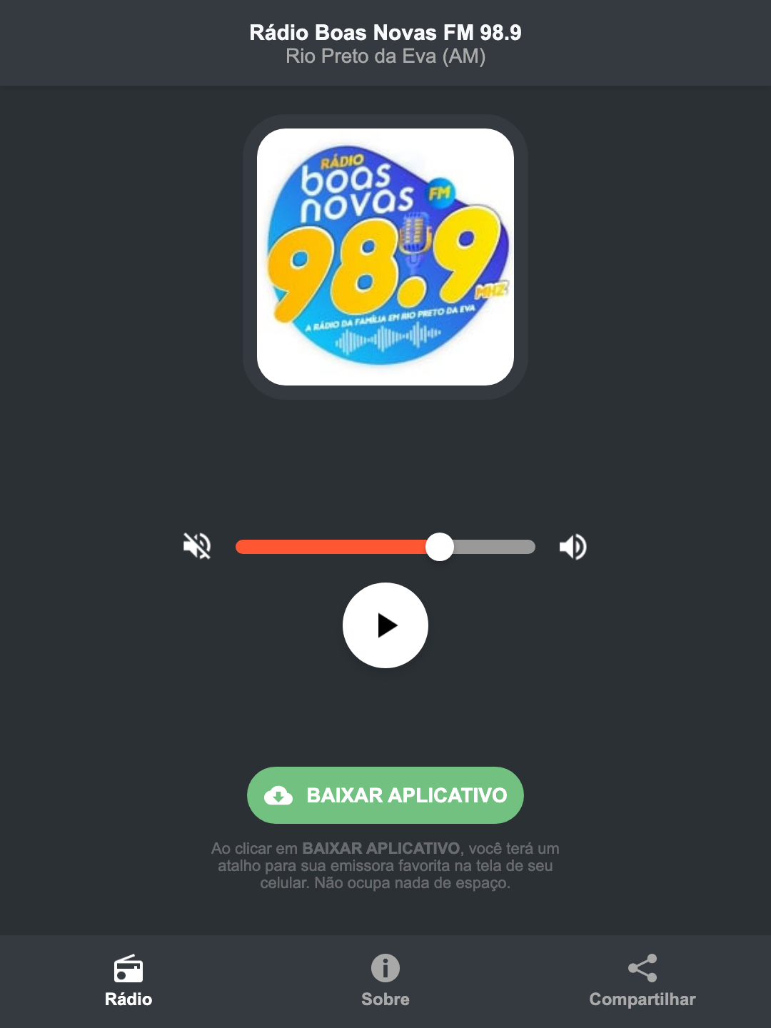Screenshot do aplicativo da Rádio Boas Novas FM 98.9
