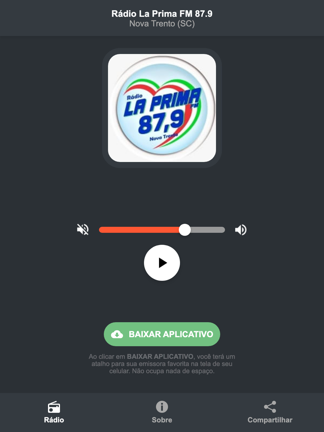 Screenshot do aplicativo da Rádio La Prima FM 87.9