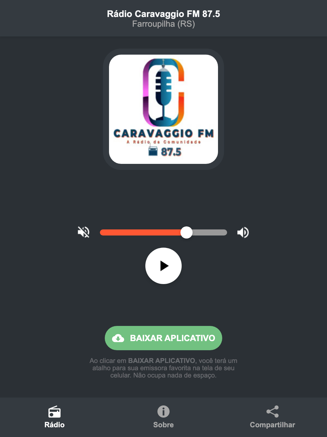 Screenshot do aplicativo da Rádio Caravaggio FM 87.5