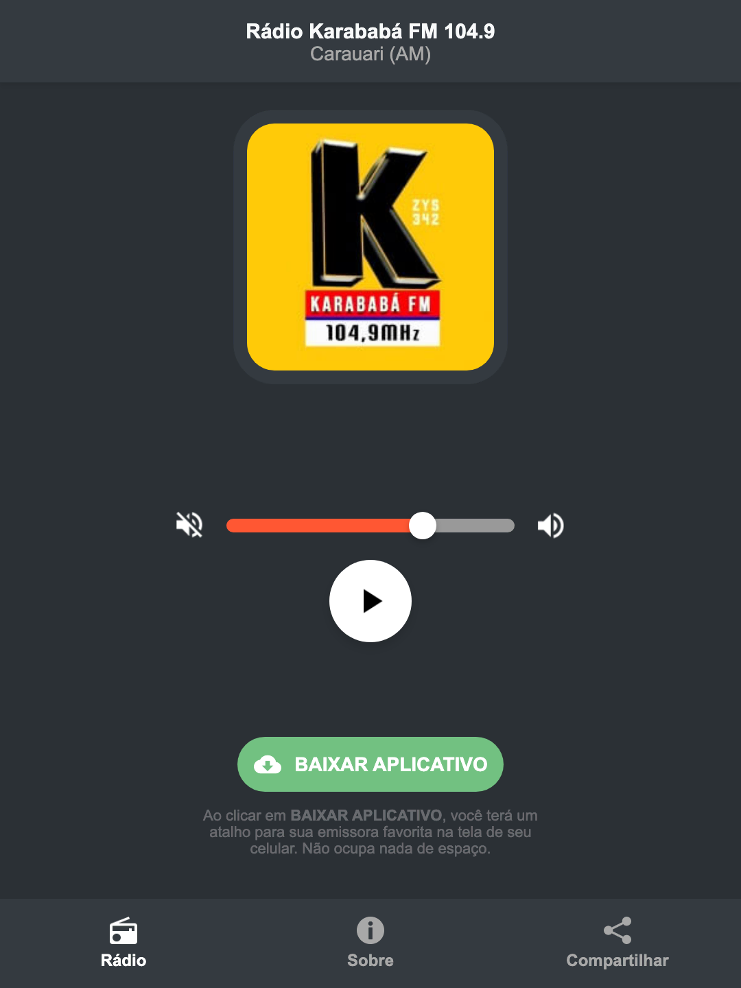 Screenshot do aplicativo da Rádio Karababá FM 104.9