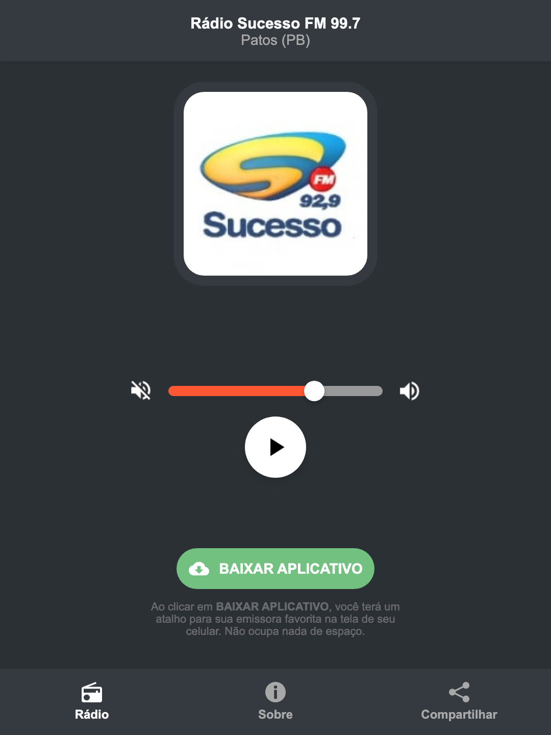 Screenshot do aplicativo da Rádio Sucesso FM 99.7