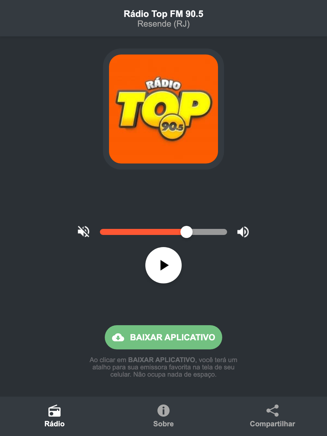 Screenshot do aplicativo da Rádio Top FM 90.5